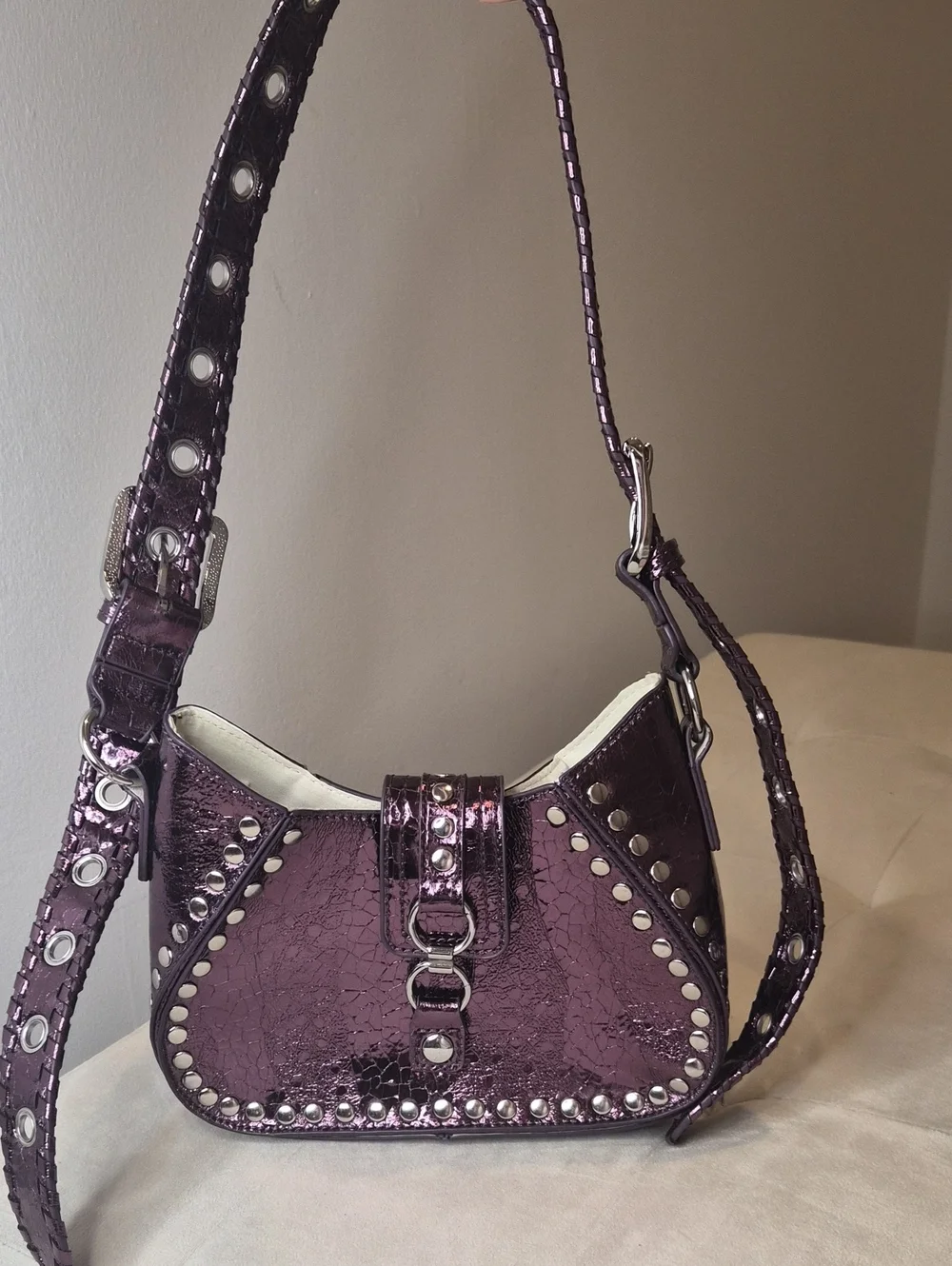 Urban Outfitters Metallic Purple Studded Shoulder Bag with Silver Accents